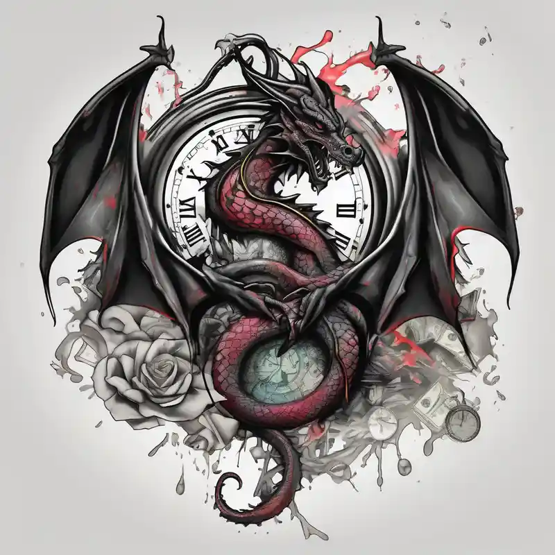Dark dragon tattoo with clock and dollars on background drake tattoos – Aquarelle, Couleurs vives